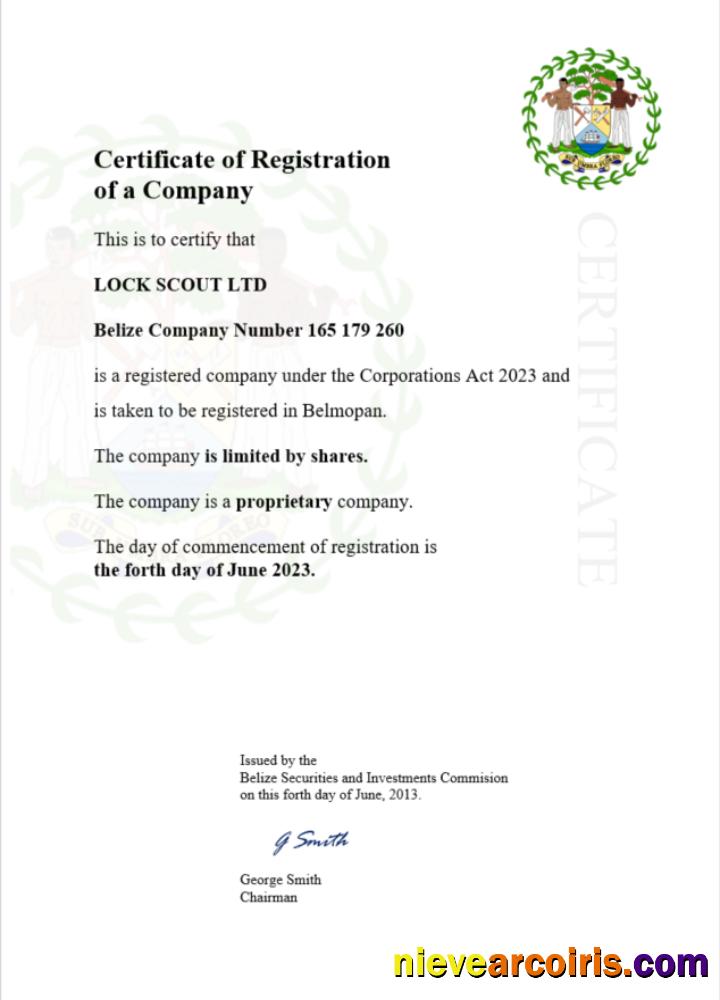 Belize certificate of registration